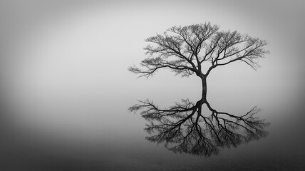 Black and white minimalist photograph of a solitary tree with gnarled branches reflected in calm water, perfect symmetry, moody high contrast, square composition, soft gray background.
