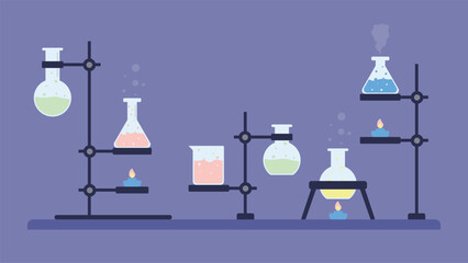 Flat style chemistry lab illustration with colorful liquids in flasks and beakers over a purple background showing scientific experiment concept for education and research themes