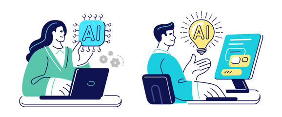 AI and human collaborate. Technological advancement concept. Business people work with artificial intelligence