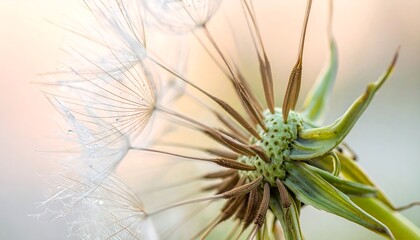 Macro shot showcasing a delicate dandelion seed head, with its translucent parachute-like seeds gracefully unfurling. Soft focus and warm light