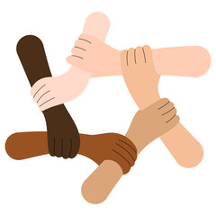 Diverse Hands of people of different nationalities Holding Each Other in Circle. Symbolizing unity, teamwork, friendship, and global community support.