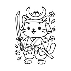Samurai cat. Hand-drawn coloring pages