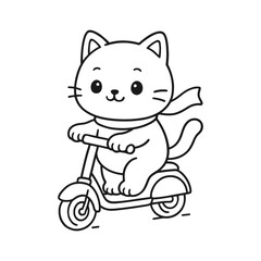 Cat playing scooter. Hand-drawn coloring pages
