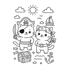Pirate Cat. Hand-drawn coloring pages