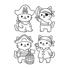 Collection of Pirate Cats. Hand-drawn coloring pages