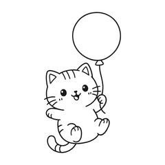 Cat playing with balloons. Hand-drawn coloring pages