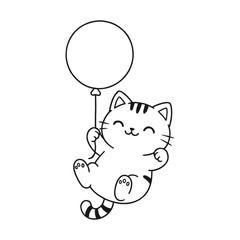Cat floating with balloons. Hand-drawn coloring pages