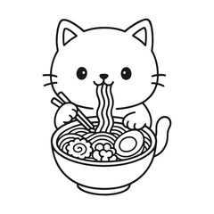 Cats eating ramen. Hand-drawn coloring pages