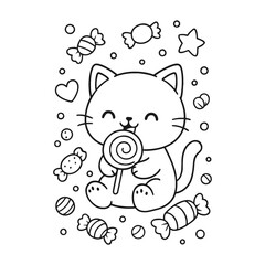 Cats like to eat lollipops. Hand-drawn coloring pages