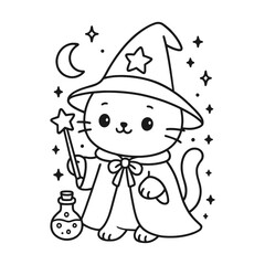 Wizard cat. Hand-drawn coloring pages