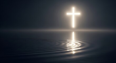 Fototapeta premium Glowing Christian cross reflecting in water, symbol of faith and hope