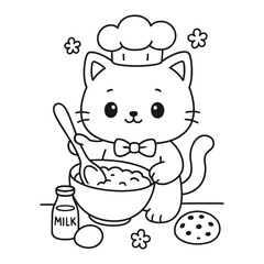 Cats making dough. Hand-drawn coloring pages
