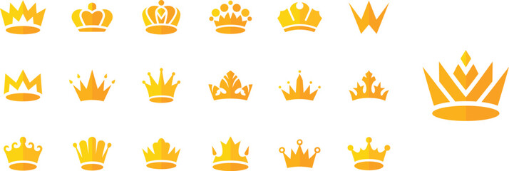 Golden crown icons assortment on white background, Luxury royal crown vector illustration