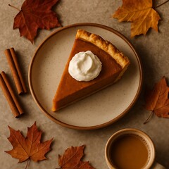 Delicious Slice of Pumpkin Pie with Whipped Cream and Autumn Leaves