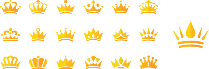 Various golden crown icons displayed on white background, Royal themed golden crown collection vector