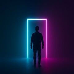 Obraz premium Silhouette Walking Through Neon Portal in Futuristic Atmosphere