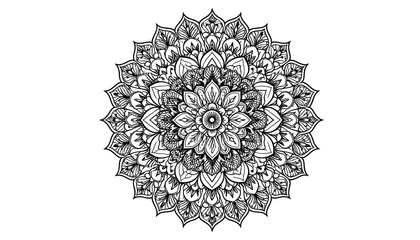 Intricate black and white symmetrical floral design, reminiscent of a mandala. Detailed patterns create a mesmerizing circular form against a white background