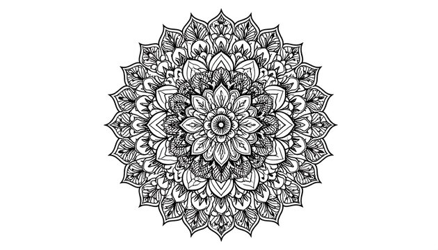 Intricate black and white symmetrical floral design, reminiscent of a mandala. Detailed patterns create a mesmerizing circular form against a white background