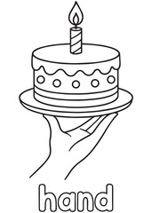 coloring book hand holding birthday cake with candle