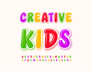 Vector Funny flyer Creative Kids. Cute Children Font. Colorful Alphabet Letters and Numbers set.
