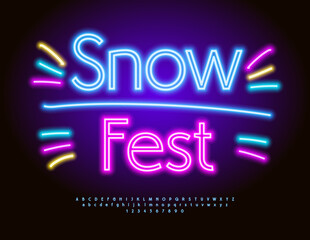 Obraz premium Vector Entertainment poster Snow Fest with decorative Fireworks. Glowing bright Font. Set of Neon Alphabet Letters and Numbers