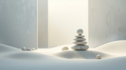 Zen Balance: Minimalist Cairn and Serene Meditation Scene