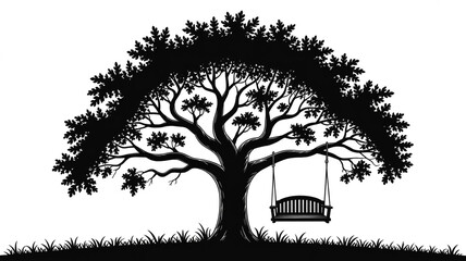 Black and white silhouette of a big oak tree with detailed leaves, hanging wooden swing, bold contrast, vintage peaceful scene, minimal nature illustration.