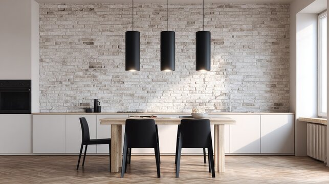 Modern kitchen with whitewashed brick wall and dining table.