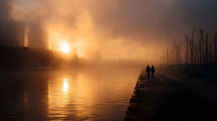 Silhouettes of a couple walking along a foggy pier at sunrise with golden light reflecting on the water and city buildings in the mist