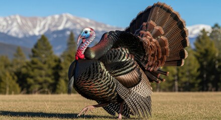 Majestic wild turkey strutting in a mountain landscape on a clear day