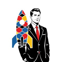 Man in Suit with Colorful Rocket Business, Startup, and Innovation