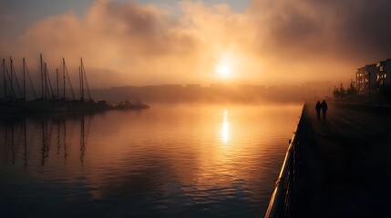 A serene foggy sunrise casts golden light over a tranquil marina with sailboats and silhouettes of people on a promenade