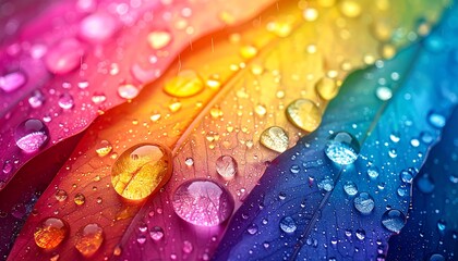 Macro shot showing rainbow hues painted across leaf-like structures. Crystal-clear water droplets glisten, enhancing the vibrant gradient of color