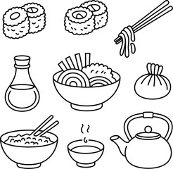 Japanese food and drink icons sushi rolls ramen bowl
