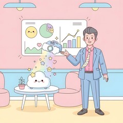 A friendly businessman in a suit showcases company growth and success with data charts projected by a whimsical cloud character in a modern office