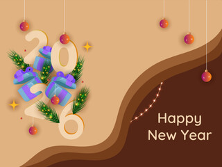 Naklejka premium Happy New year 2026 typography with realistic 3d gifts, pine tree and decorative objects. Vector Illustration.