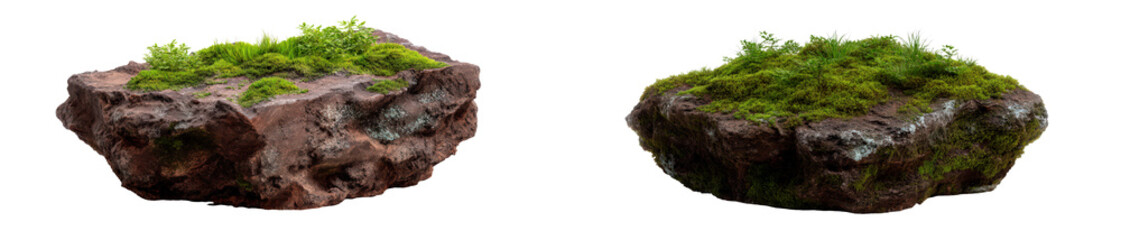 Chunk of Dirt with Green Moss in Sparse Grass Setting Isolate on Transparent Background, cutout, png