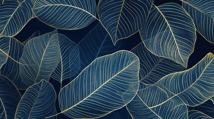 Deep blue background with gold lines depicting leaves and intricate vein details