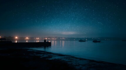 Silhouetted figures sit on a pier under a vast starry night sky with distant town lights reflected on a calm sea
