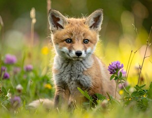 Fototapeta premium Adorable fox kit sits in sunny field of wildflowers, looking towards the viewer
