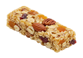 Granola bar, visible oats, almonds, nuts, colorful dried fruit, golden glaze, on seamless transparent background with copy space. Concept of healthy, energy-boosting snack