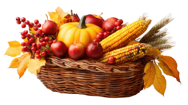 A basket holds harvest items including corn wheat apples berries and autumn leaves symbolizing abundance on white background