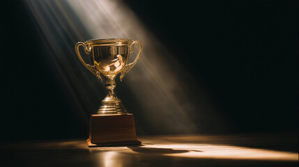 elite. A champion trophy shines under dramatic lighting, symbolizing achievement and pride. event key visuals, club posters, designed for sports event promotions and stadium branding.