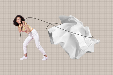 Zine full pop art banner collage of puzzled american girl carry rope crumpled paper persistence collapse walk tension problem