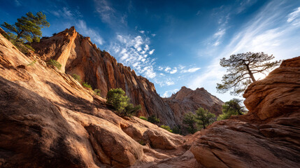 Fototapeta premium Warm sunlight hitting the side of a sandstone hill, sharp shadows. beautiful desert background. gorgeous scene straight out Arabian fairy tale, where sand, heat, silence reign.