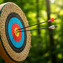 A woven target at the height of a summer day, with intense, high-contrast sunlight creating sharp shadows from the unraveling fibers and the single arrow lodged in it. The background forest is a brigh