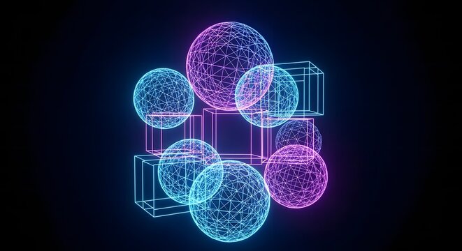 Glowing spheres and cubes interconnected in a neon geometric pattern