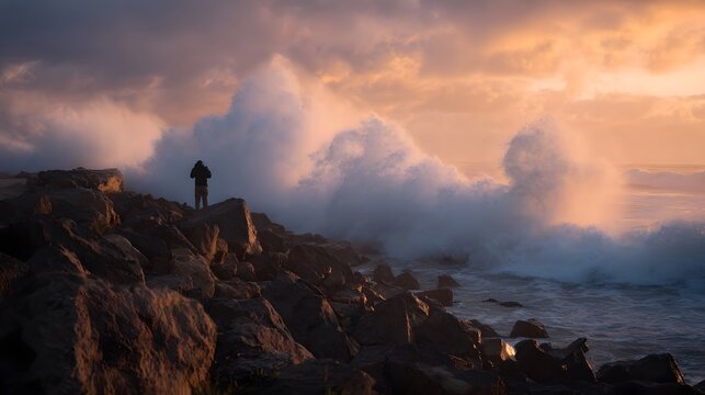 A lone silhouette stands on a rocky shore observing powerful ocean waves during a vibrant sunset