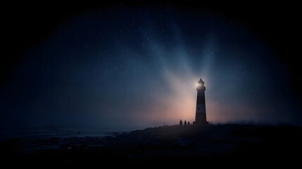 Fototapeta premium A solitary lighthouse stands tall on a rocky coast casting its guiding beam into the misty night sky filled with stars