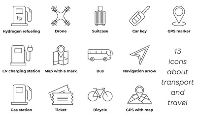 Transport and travel outline icon set. Can be used for any platform action promotion and advertising mockup. Isolated symbol sign used for: mobile, app, design, web, dev, ui, ux, gui. EPS 10.